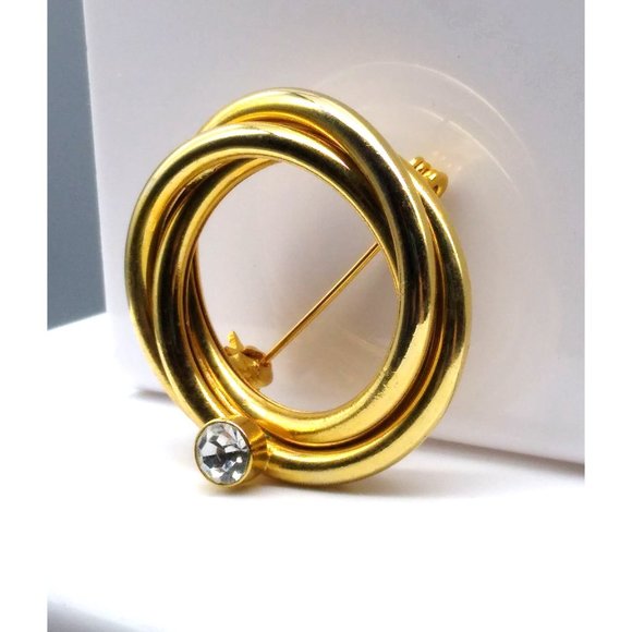 Vintage Polished Interlocking Rings Brooch in Gold Tone with Clear Crystal, Chic - Picture 3 of 4